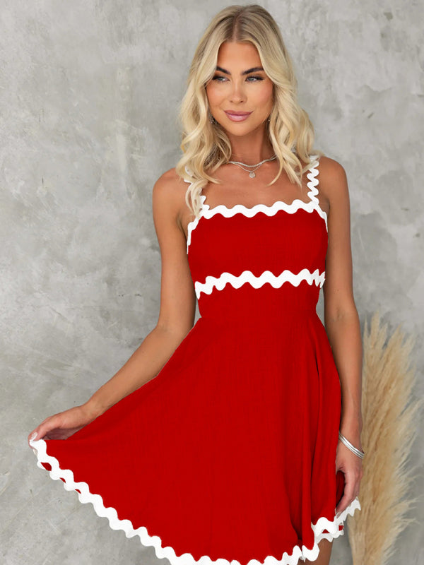 New fresh and sweet solid color sexy suspender short dress - Red / S