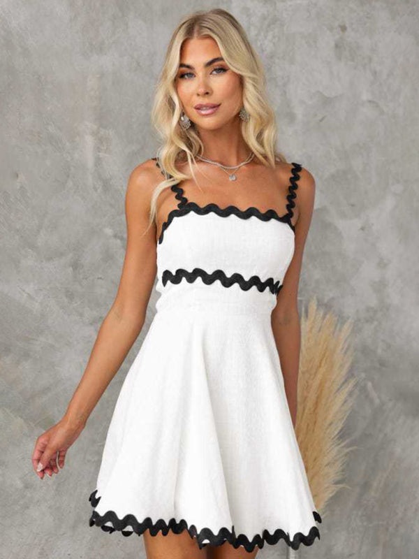 New fresh and sweet solid color sexy suspender short dress - White / S