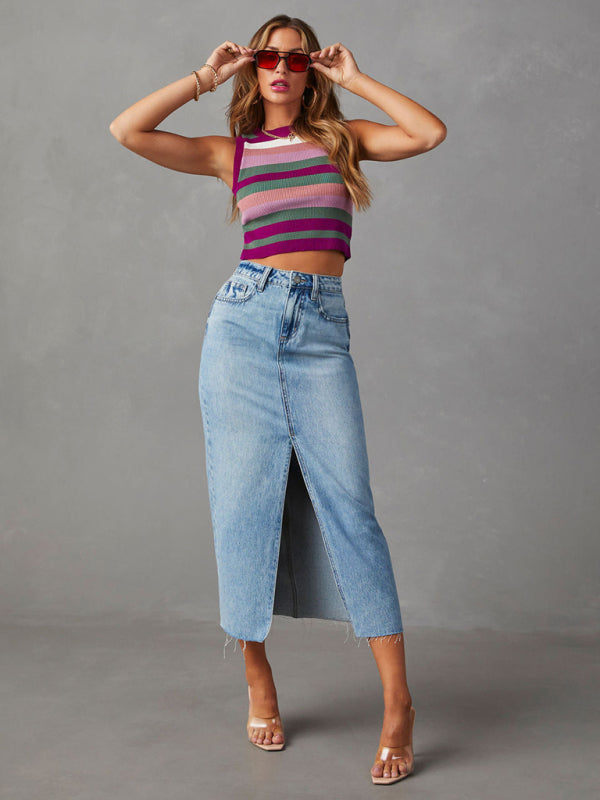 New front slit denim high waist a line mid length skirt - Clear blue / S