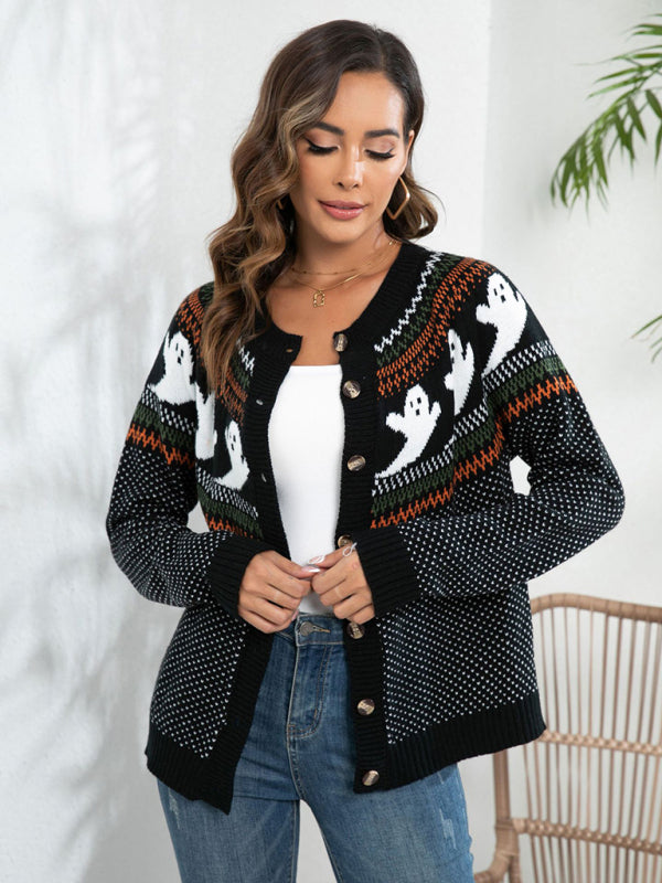 New Halloween ghost retro polka dot long sleeve knitted cardigan sweater - Black / S
