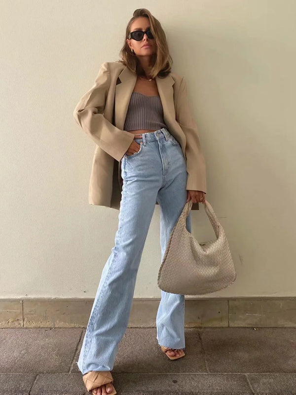 New high-waist floor-length loose slimming straight wide-leg jeans