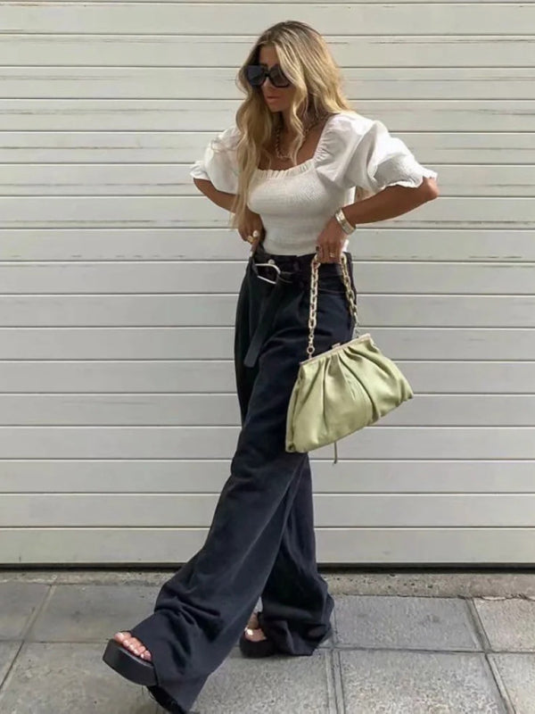 New high-waist floor-length loose slimming straight wide-leg jeans