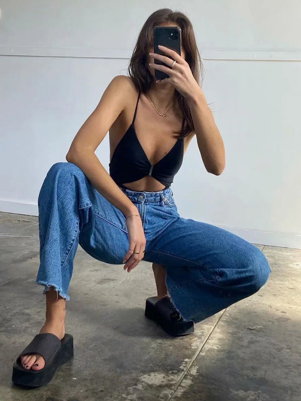 New high-waist floor-length loose slimming straight wide-leg jeans