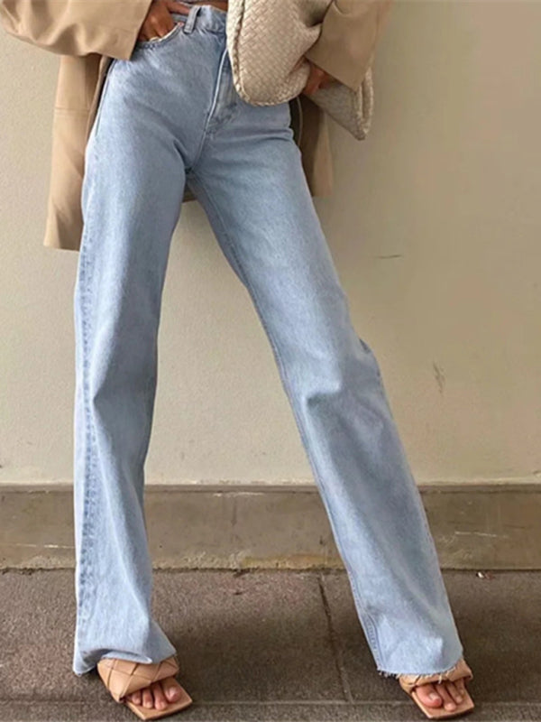 New high-waist floor-length loose slimming straight wide-leg jeans - Clear blue / XS