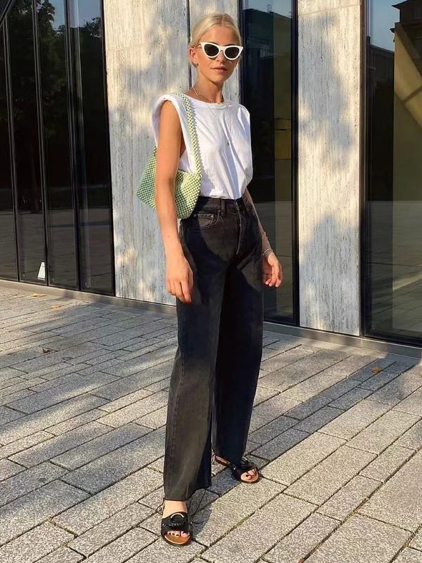 New high-waist floor-length loose slimming straight wide-leg jeans
