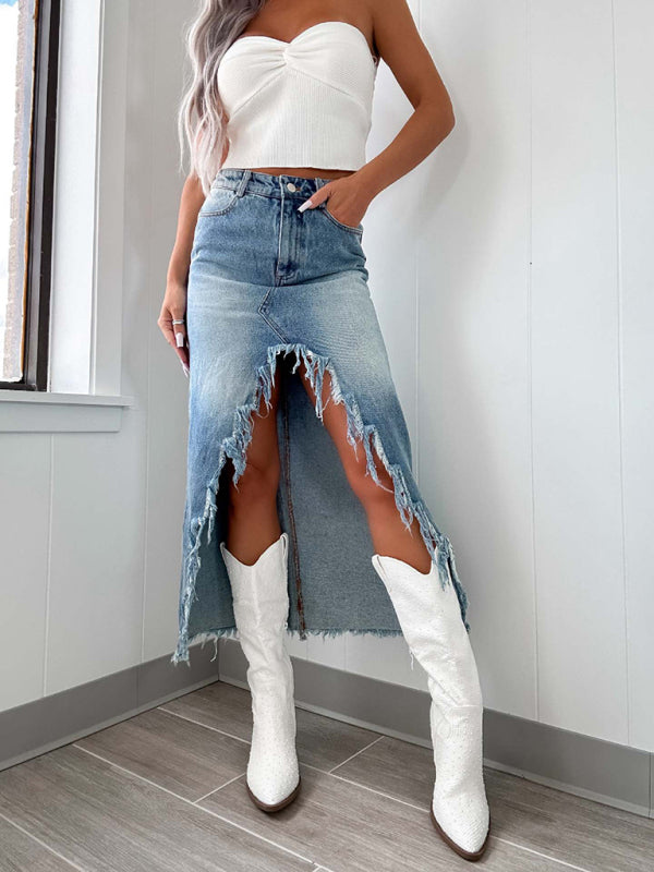 New high waist irregular raw edge denim skirt for women old washed skirt - Blue / S