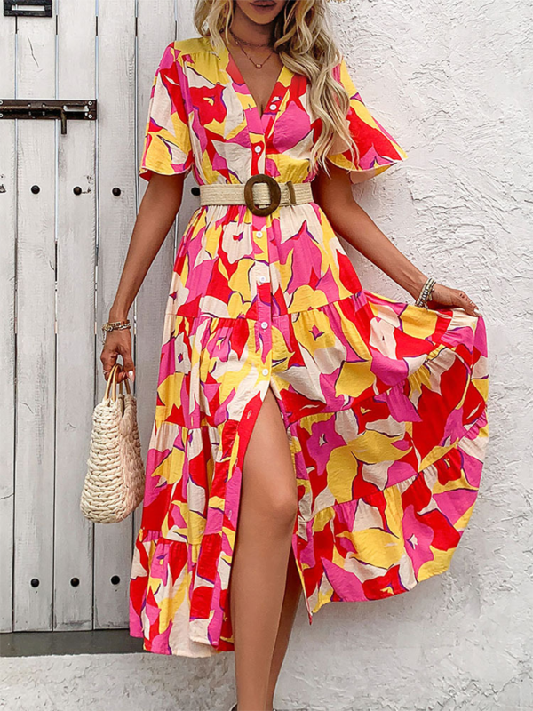 New Holiday Cardigan V-Neck Printed Dress - Rose / S