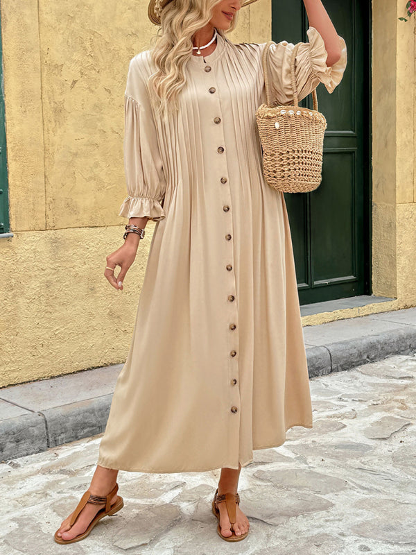 New Holiday Commuter Retro Elegant Button Solid Color Dress - Khaki / S