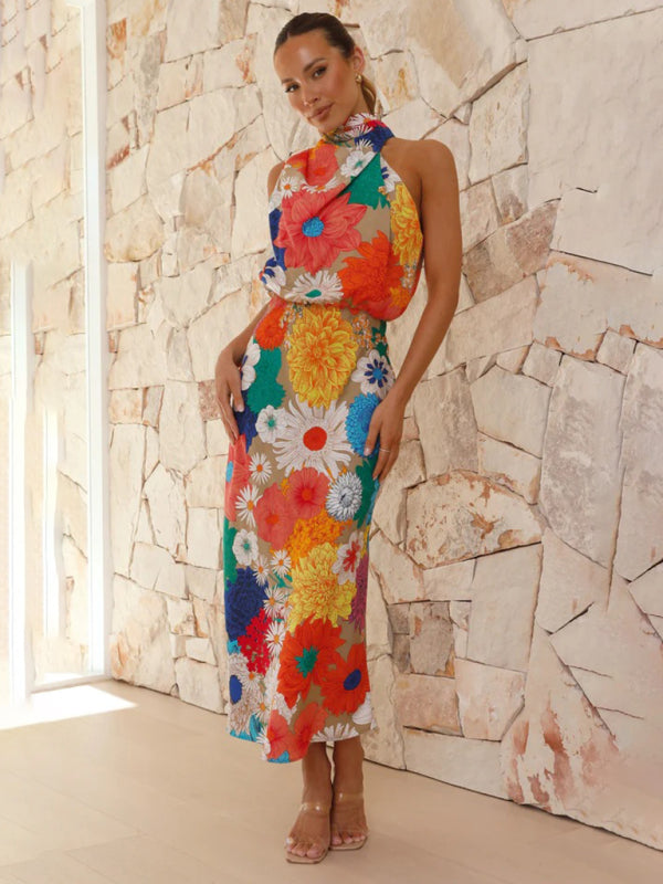 New holiday style fashion printed halter neck sleeveless waist dress - Orange / S