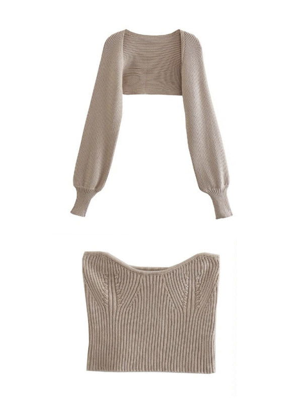 New Knitted Sleeves + Sexy Slim Tube Top Two-piece Set - Khaki / S