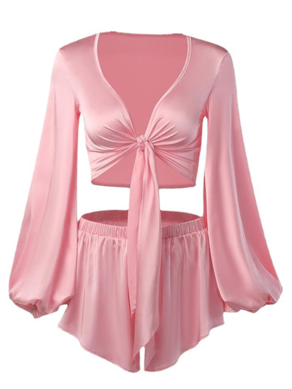 New lantern sleeve V-neck top vacation style sexy navel-baring strappy shorts set