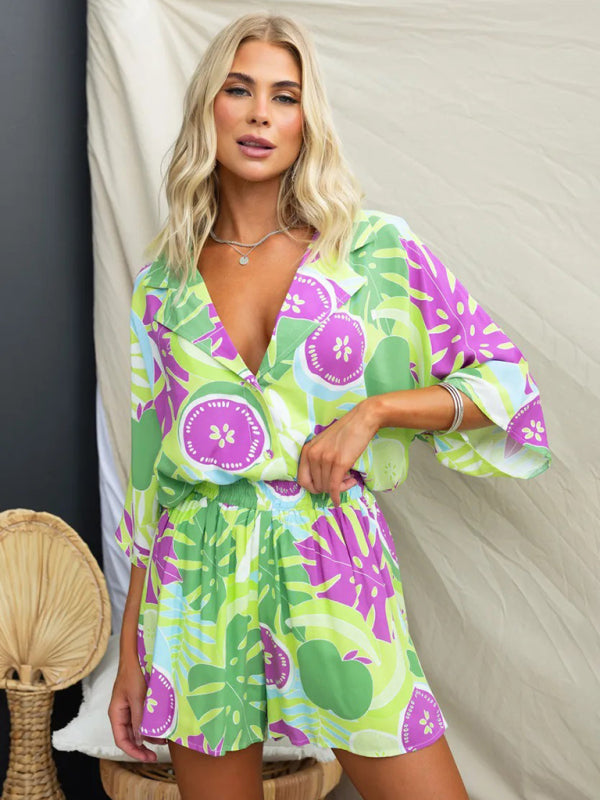 New Lapel Casual Multi-Color Loose Vacation Elastic Waist Shorts Short Sleeve Suit - Green / S