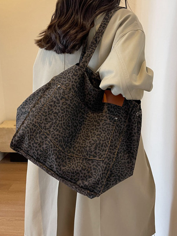 New leopard print canvas tote large capacity portable commuter bag - Black / FREESIZE