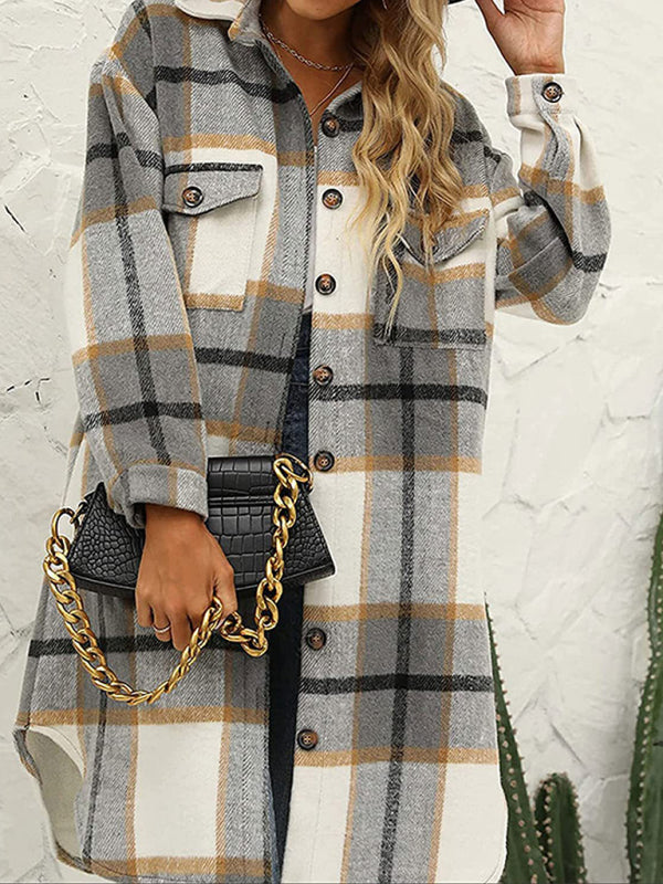 New long plaid lapel buttoned wool casual windbreaker jacket - Black / S