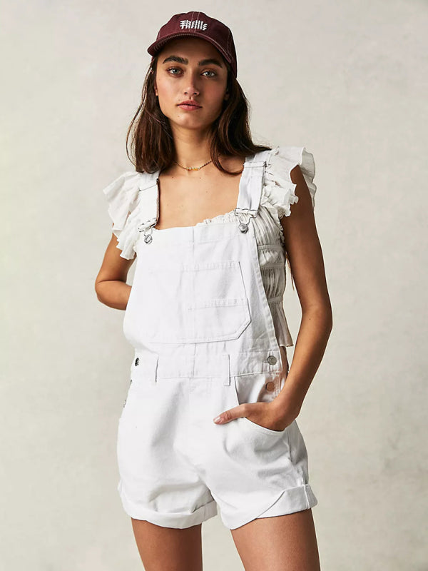New loose multi-pocket overalls jeans - White / S