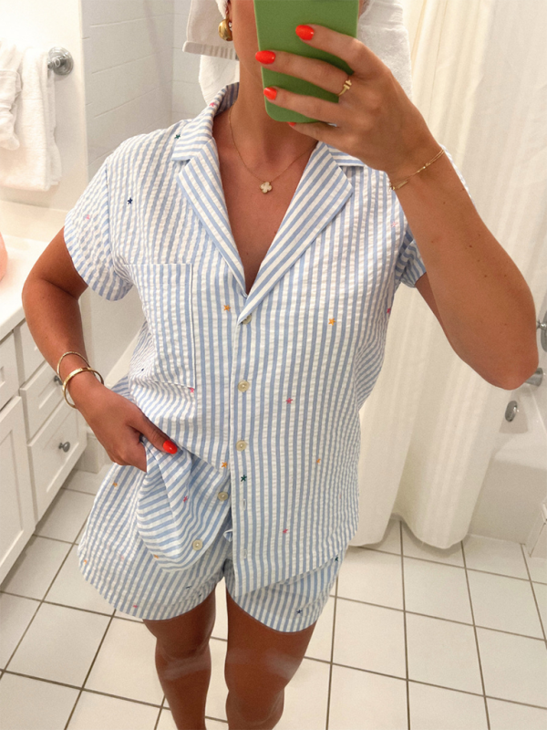 New love striped home wear casual suit (can be worn outside) - Blue / S