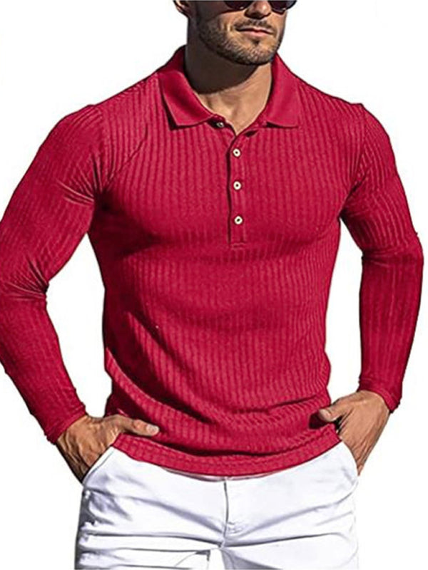 New Men’s High Elastic Vertical Strip Long Sleeve POLO Shirt Slim Knit Bottom Shirt Polo Shirt - Red / S