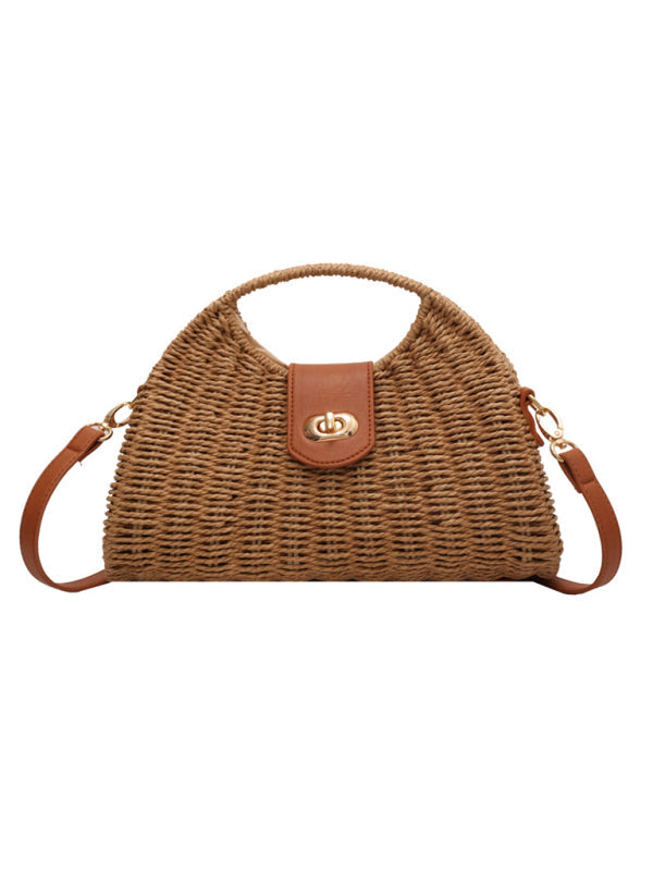 New Mori Fashion Straw Contrasting Color Tote Bag - Khaki / F