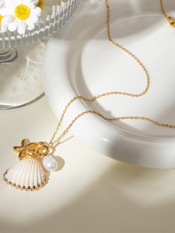 New ocean series pearl accessories fashionable and versatile starfish shell necklaces and necklaces - Golden / FREESIZE