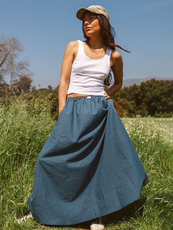 New plaid long skirt spring and summer fashion print personality skirt - Acid blue / S
