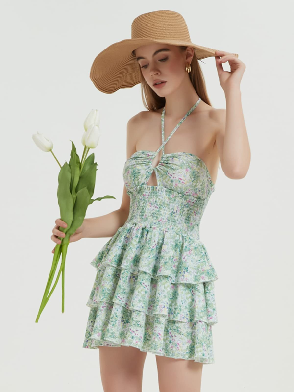 New printed floral sexy halterneck waist-length short one-piece tutu skirt - Pale green / S