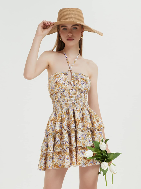 New printed floral sexy halterneck waist-length short one-piece tutu skirt - Khaki / S
