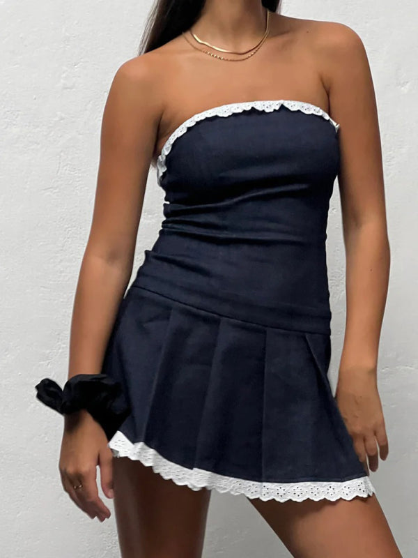 New product solid color sexy slim fit tube top sleeveless denim pleated miniskirt - Champlain color / S