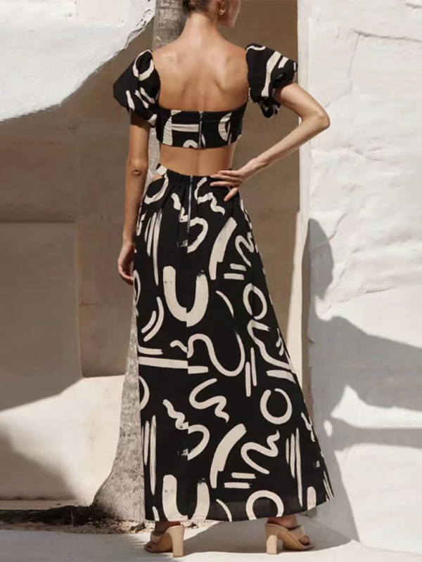 New puff sleeve top hollow long skirt split skirt suit
