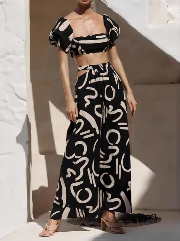 New puff sleeve top hollow long skirt split skirt suit