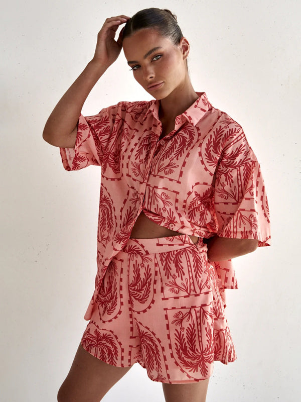 New resort style fashionable printed short-sleeved cardigan shorts suit - Red / S