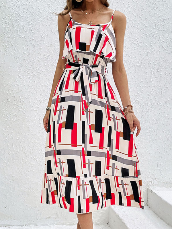 New resort style striped print lace-up dress - White / S