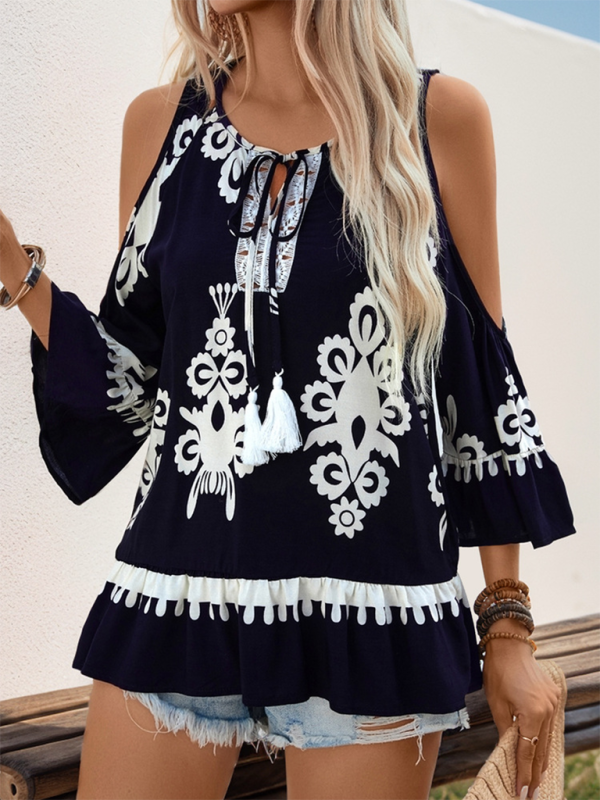 New Retro Comfortable Cold Shoulder Shirt Lace-up Tassel Lace-up Shirt - Champlain color / S