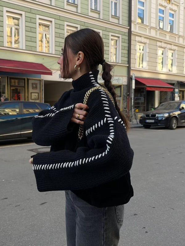 New round neck long sleeve contrast color stitching sweater - Black / S