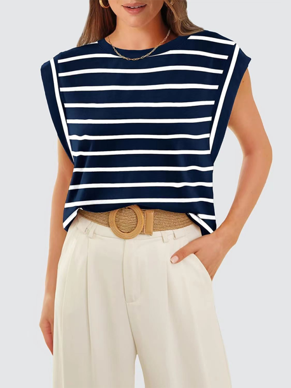 New round neck loose short sleeve T-shirt striped top - Champlain color / S