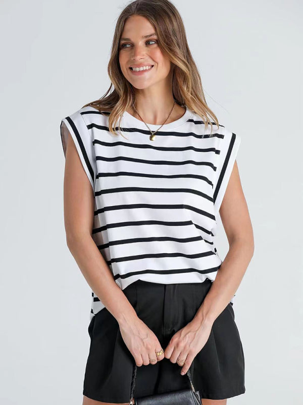 New round neck loose short sleeve T-shirt striped top - Pattern4 / S