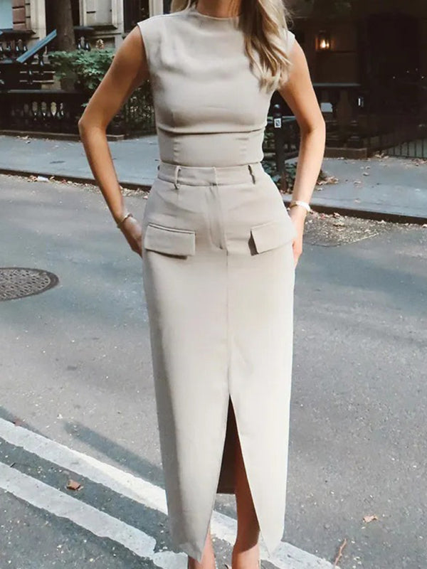 New round neck slim sleeveless vest + skirt suit - Misty grey / XS