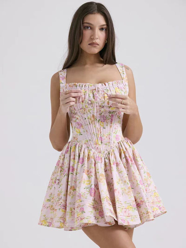 New sexy and elegant floral print suspender waist dress - Pattern1 / S