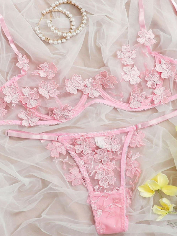 New sexy and sweet mesh embroidered flower appliqué bra set - Pink / S