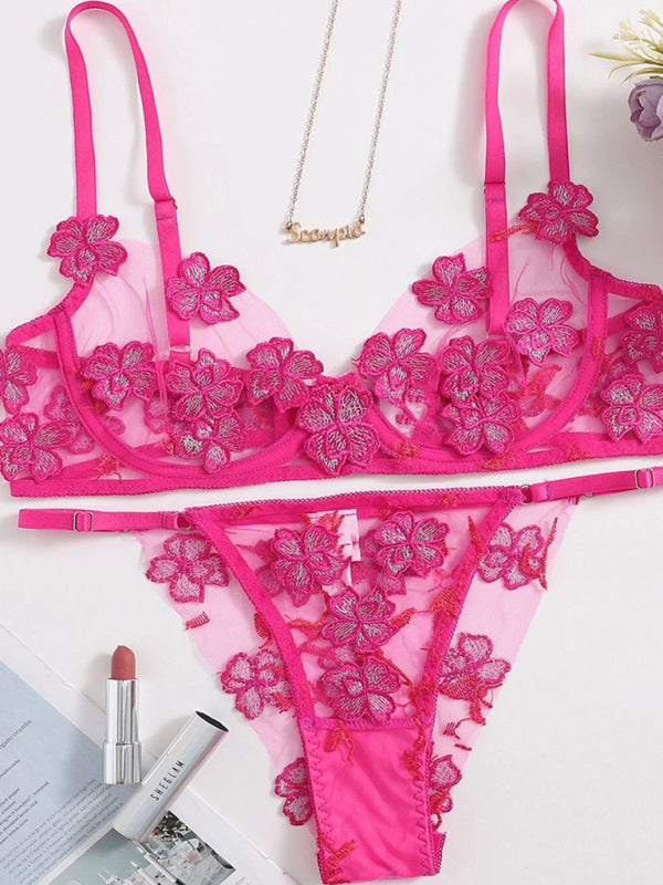 New sexy and sweet mesh embroidered flower appliqué bra set - Rose / S