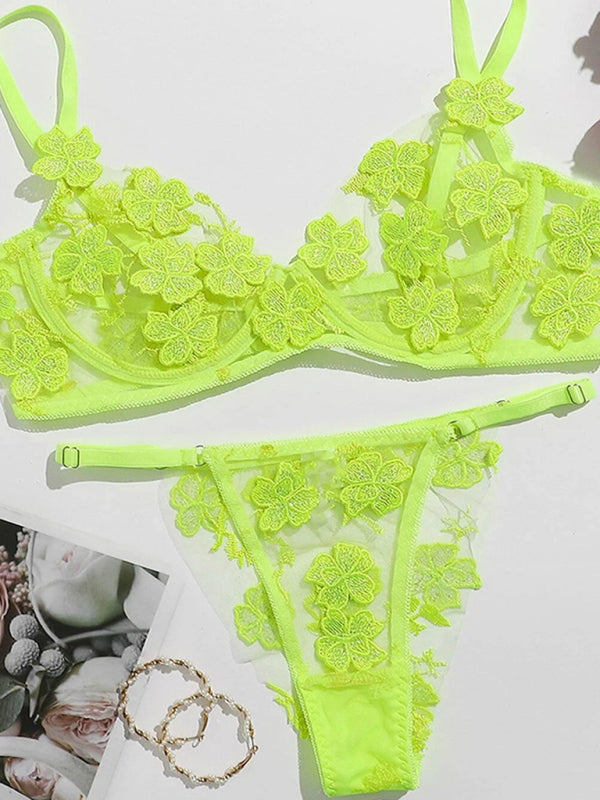New sexy and sweet mesh embroidered flower appliqué bra set - Yellow green / S