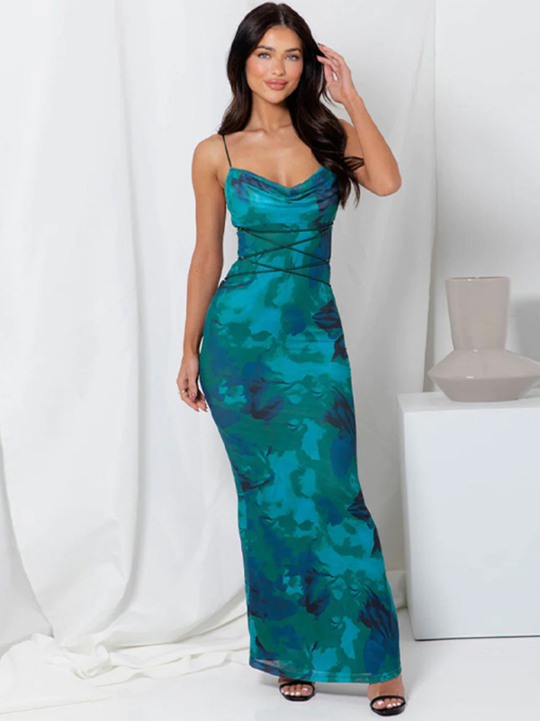 New sexy backless strappy slim printed suspender dress - Blue / S