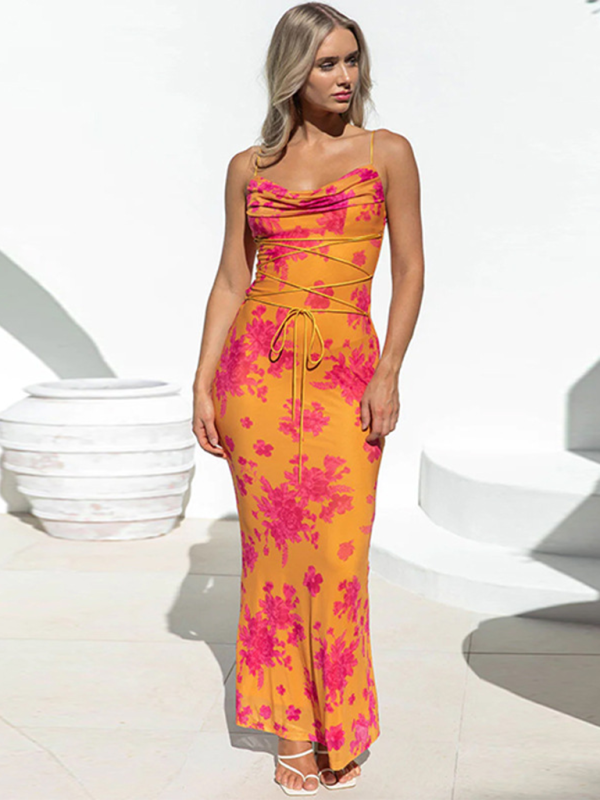New sexy backless strappy slim printed suspender dress - Orange / S