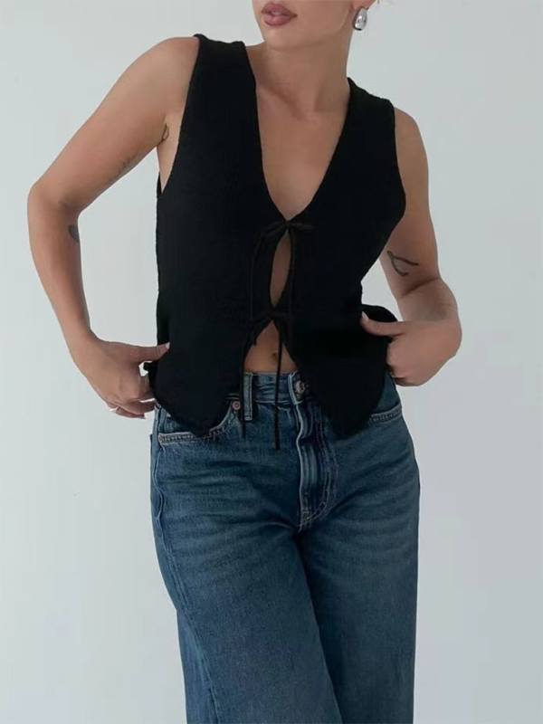 Black knit tie-front top showcasing high-quality weaving type in the New Sexy Fashionable Woolen Vest