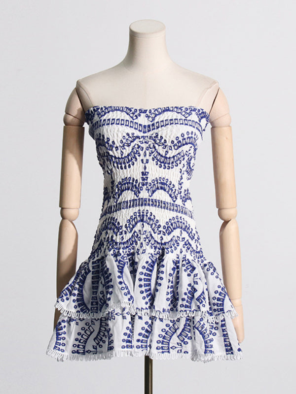 New sexy hot girl embroidered tube top dress with hollow ruffles and stitching design A-line skirt - Blue / S