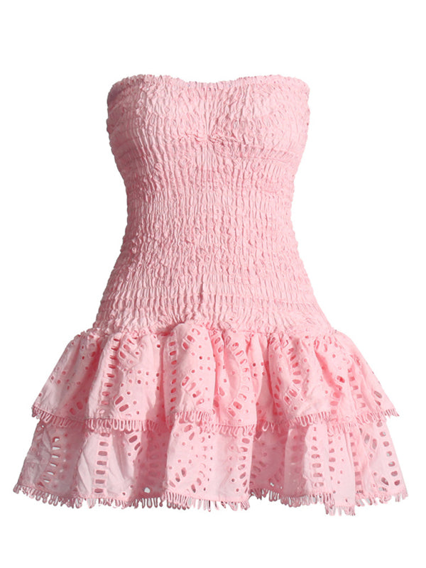 New sexy hot girl embroidered tube top dress with hollow ruffles and stitching design A-line skirt - Pink / S