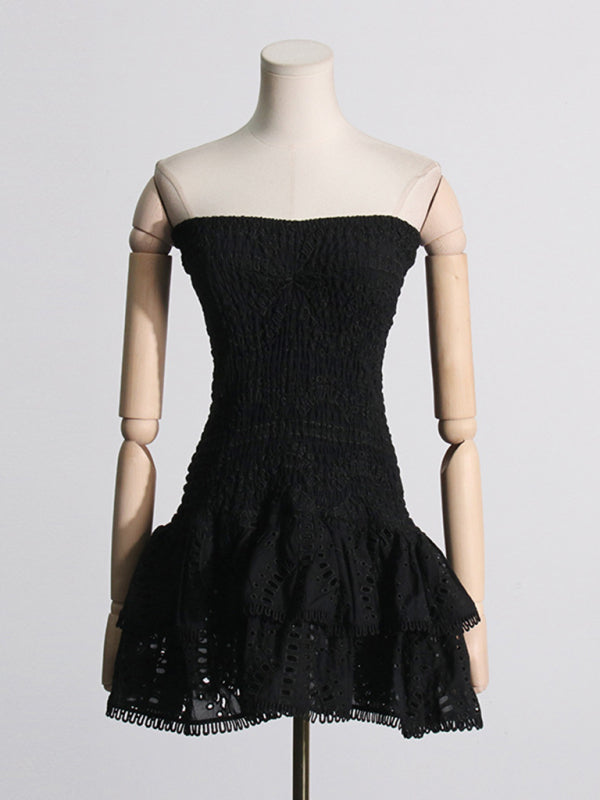 New sexy hot girl embroidered tube top dress with hollow ruffles and stitching design A-line skirt - Black / S