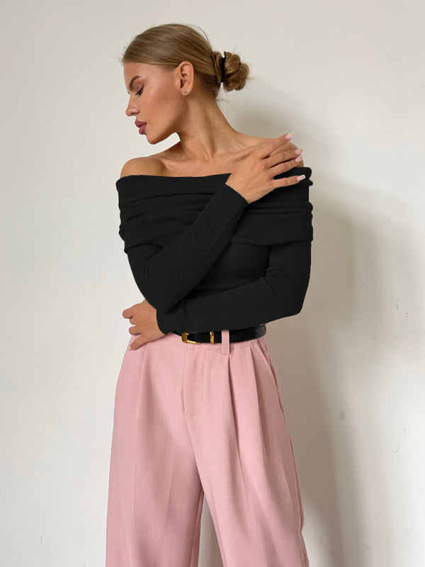 New sexy slim fit one-line collar long-sleeved bottoming sweater - Black / S