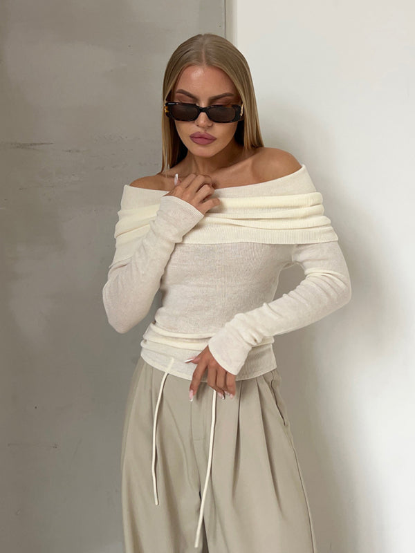 New sexy slim fit one-line collar long-sleeved bottoming sweater - White / S