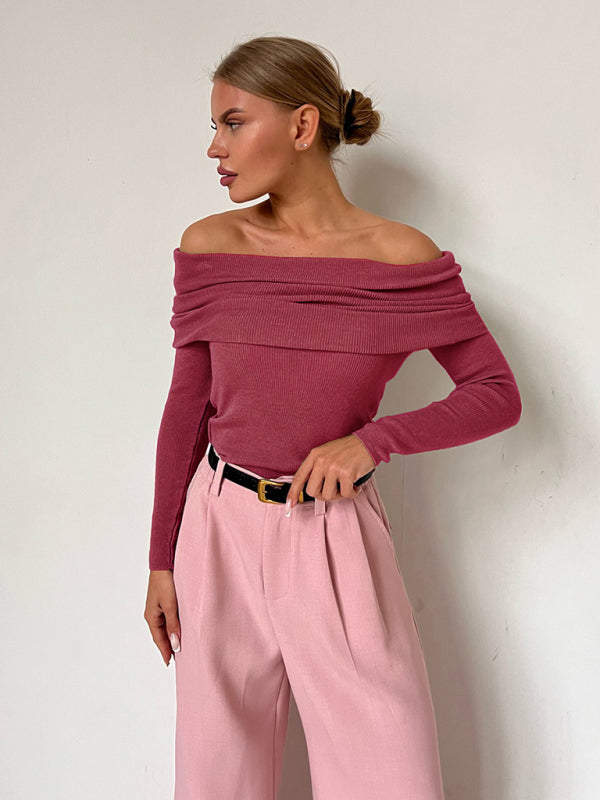 New sexy slim fit one-line collar long-sleeved bottoming sweater - Brick red / S