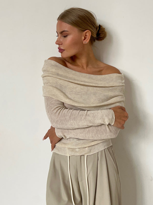 New sexy slim fit one-line collar long-sleeved bottoming sweater - Cracker khaki / S